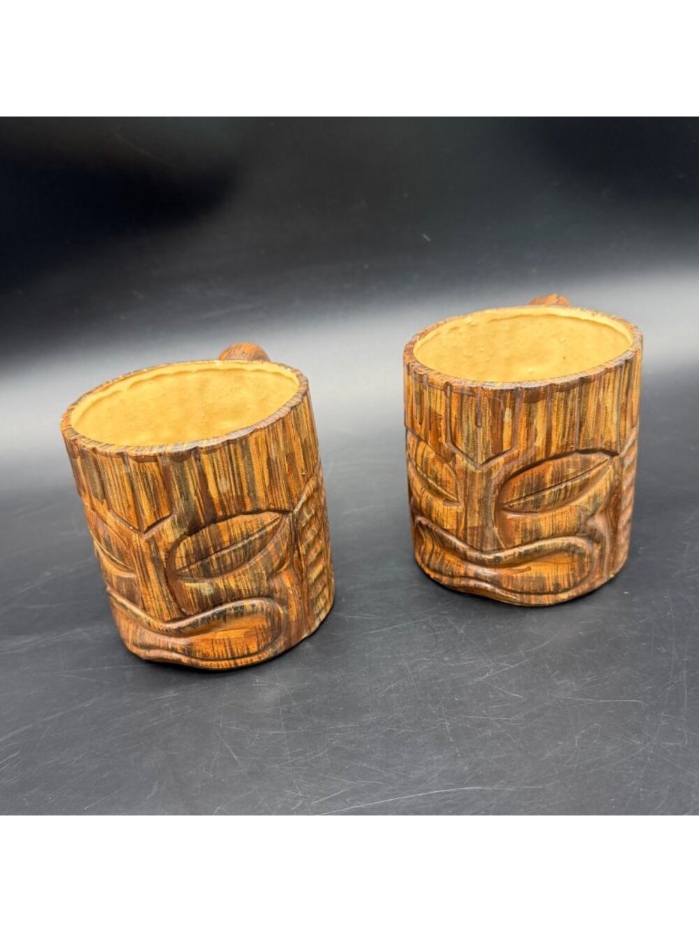 Vintage Tiki Mugs Polynesian Carved Design Rustic Brown Ceramic Vintage Tropical